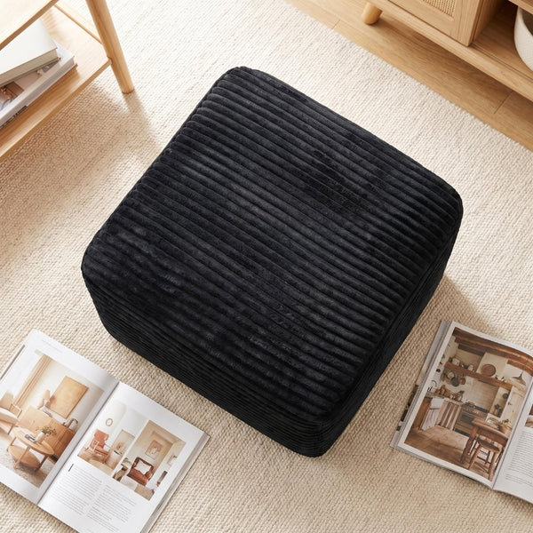 English Elm 37.5" Corduroy Square Ottoman Plush Ribbed Upholstery Footrest Accent for Living Room Black W5515P513231