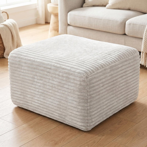 English Elm 37.5" Corduroy Square Ottoman Plush Ribbed Upholstery Footrest Accent for Living Room White W5515P513232