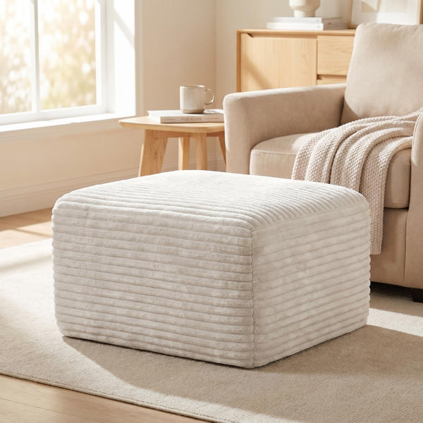 English Elm 37.5" Corduroy Square Ottoman Plush Ribbed Upholstery Footrest Accent for Living Room White W5515P513232