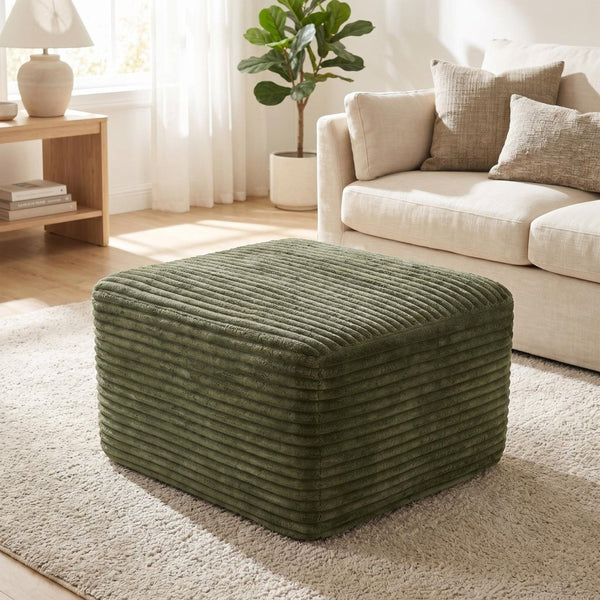 English Elm 37.5" Corduroy Square Ottoman Plush Ribbed Upholstery Footrest Accent for Living Room Green W5515P513234