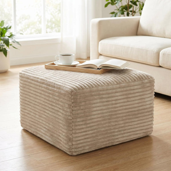 English Elm 37.5" Corduroy Square Ottoman Plush Ribbed Upholstery Footrest Accent for Living Room Camel W5515P513235
