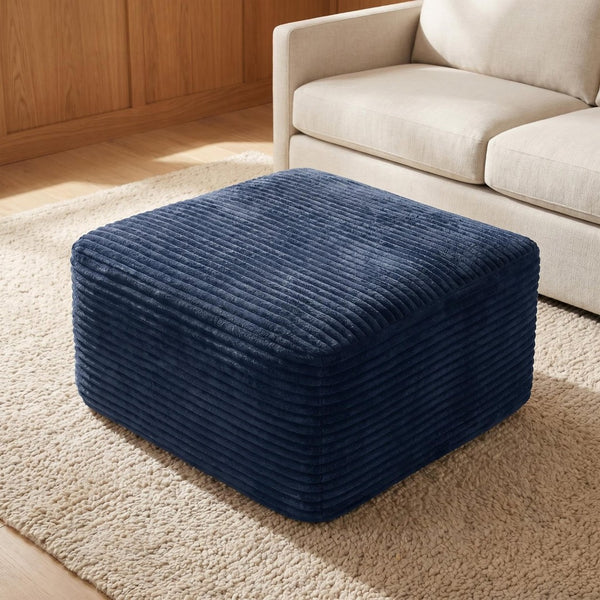 English Elm 37.5" Corduroy Square Ottoman Plush Ribbed Upholstery Footrest Accent for Living Room Blue W5515P513236