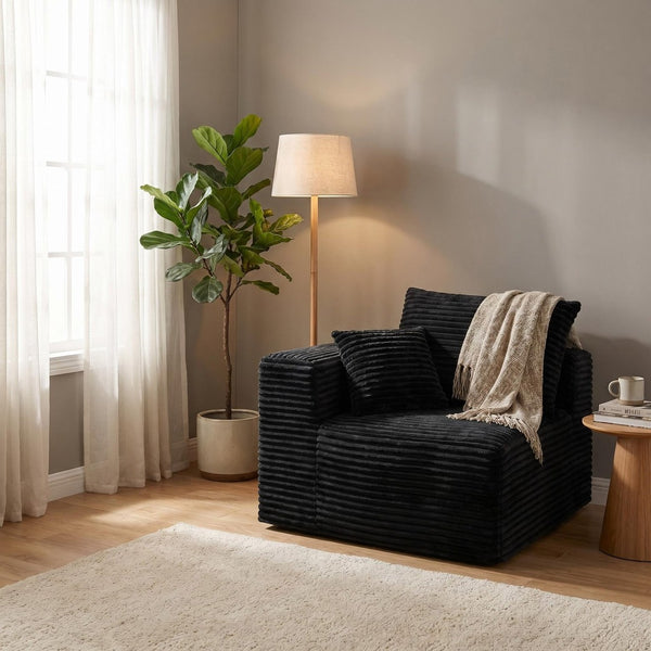 English Elm Black Corduroy Legless Floor Chair Plush Modular Seating for Dorm and Media Room W5515P513263