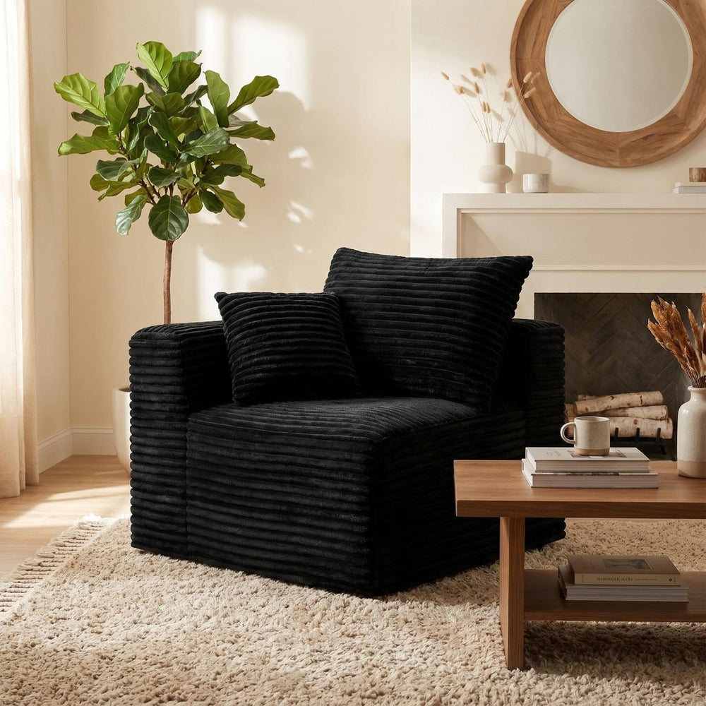 English Elm Black Corduroy Legless Floor Chair Plush Modular Seating for Dorm and Media Room W5515P513263