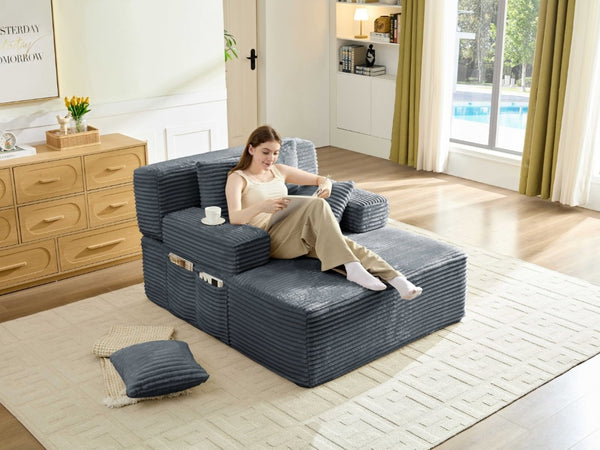 English Elm Convertible Plush Striped Sleeper Sofa with Adjustable Backrest and Built-In Storage Pocket W5515P515313