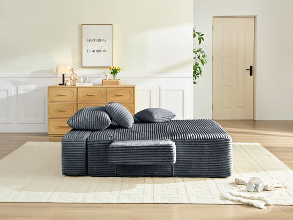 English Elm Convertible Plush Striped Sleeper Sofa with Adjustable Backrest and Built-In Storage Pocket W5515P515313