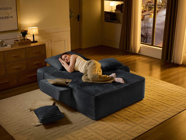 English Elm Convertible Plush Striped Sleeper Sofa with Adjustable Backrest and Built-In Storage Pocket W5515P515313