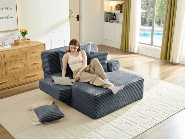 English Elm Convertible Plush Striped Sleeper Sofa with Adjustable Backrest and Built-In Storage Pocket W5515P515313