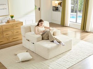 English Elm Convertible Plush Chaise Sleeper Sofa with Adjustable Backrest and Built-In Storage Pocket White W5515P515314