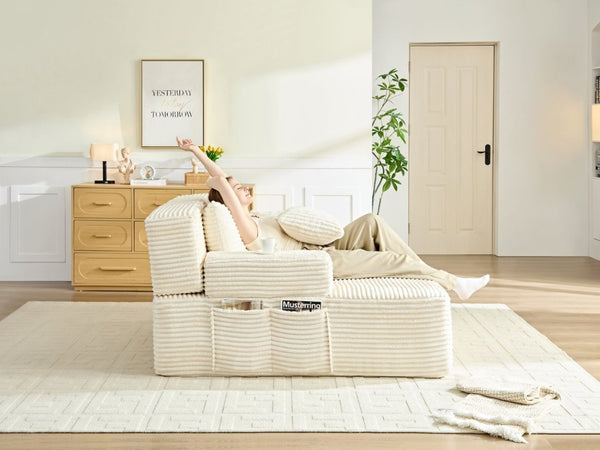 English Elm Convertible Plush Chaise Sleeper Sofa with Adjustable Backrest and Built-In Storage Pocket White W5515P515314