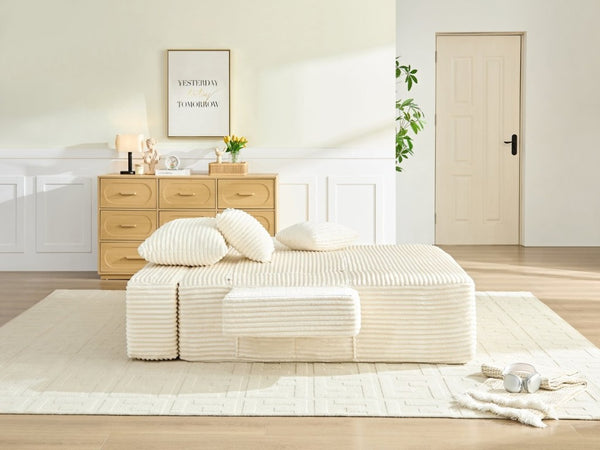 English Elm Convertible Plush Chaise Sleeper Sofa with Adjustable Backrest and Built-In Storage Pocket White W5515P515314