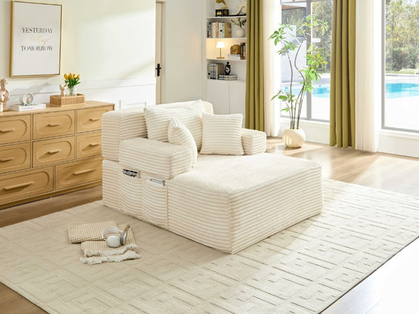 English Elm Convertible Plush Chaise Sleeper Sofa with Adjustable Backrest and Built-In Storage Pocket White W5515P515314