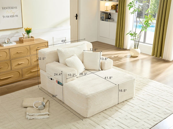 English Elm Convertible Plush Chaise Sleeper Sofa with Adjustable Backrest and Built-In Storage Pocket White W5515P515314
