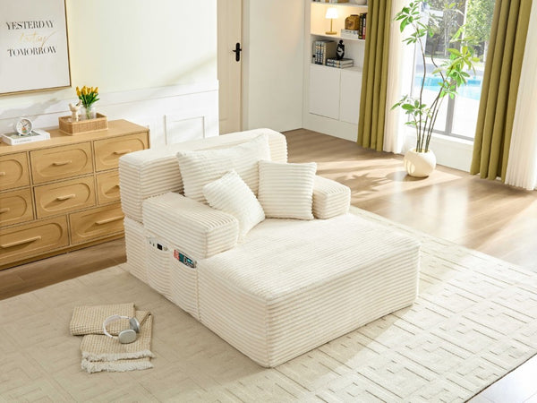 English Elm Convertible Plush Chaise Sleeper Sofa with Adjustable Backrest and Built-In Storage Pocket White W5515P515314