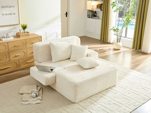English Elm Convertible Plush Chaise Sleeper Sofa with Adjustable Backrest and Built-In Storage Pocket White W5515P515314