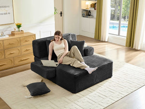 English Elm Convertible Plush Chaise Sleeper Sofa with Adjustable Backrest and Built-In Storage Pocket Black W5515P515317