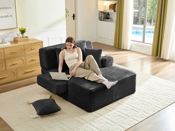 English Elm Convertible Plush Chaise Sleeper Sofa with Adjustable Backrest and Built-In Storage Pocket Black W5515P515317