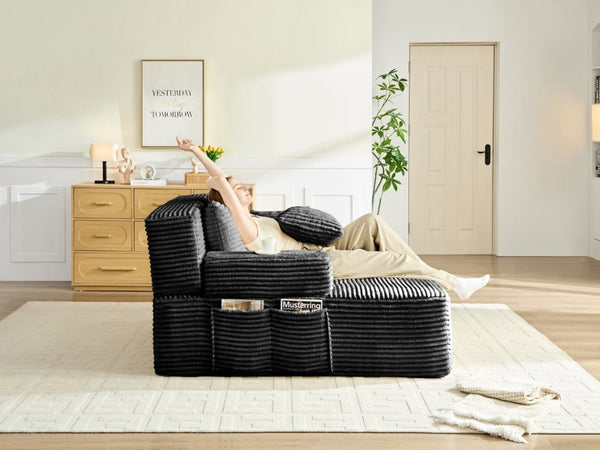 English Elm Convertible Plush Chaise Sleeper Sofa with Adjustable Backrest and Built-In Storage Pocket Black W5515P515317