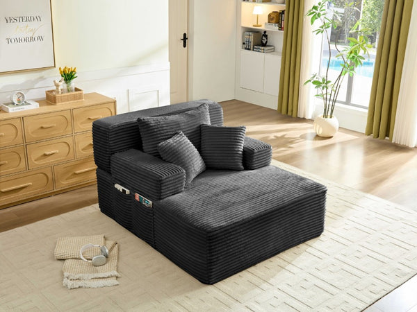 English Elm Convertible Plush Chaise Sleeper Sofa with Adjustable Backrest and Built-In Storage Pocket Black W5515P515317