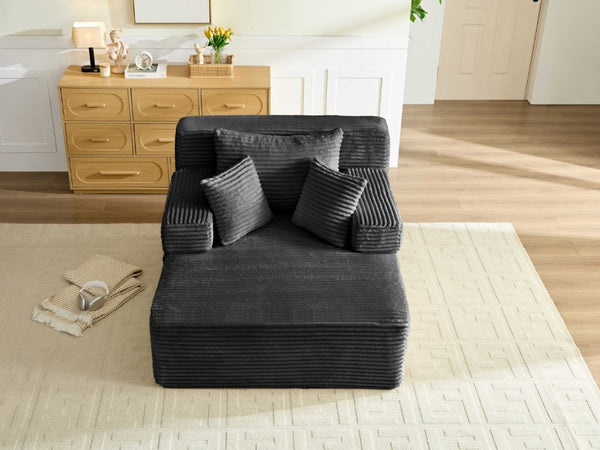 English Elm Convertible Plush Chaise Sleeper Sofa with Adjustable Backrest and Built-In Storage Pocket Black W5515P515317