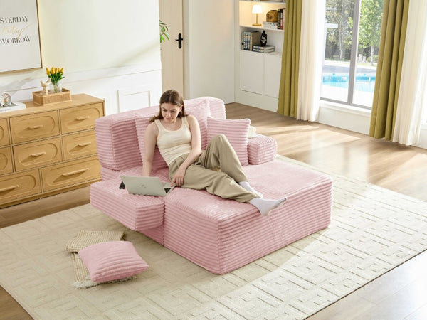 English Elm Convertible Plush Chaise Sleeper Sofa with Adjustable Backrest and Built-In Storage Pocket Pink W5515P515318