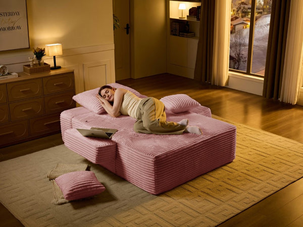 English Elm Convertible Plush Chaise Sleeper Sofa with Adjustable Backrest and Built-In Storage Pocket Pink W5515P515318