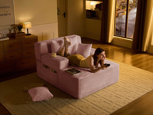 English Elm Convertible Plush Chaise Sleeper Sofa with Adjustable Backrest and Built-In Storage Pocket Pink W5515P515318