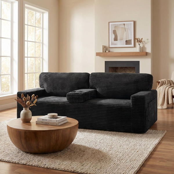 English Elm 91.7" Floor Sofa Plush Corduroy Low Profile Living Room Couch with Cup Holders Black W5515P520846