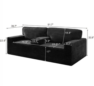 English Elm 91.7" Floor Sofa Plush Corduroy Low Profile Living Room Couch with Cup Holders Black W5515P520846
