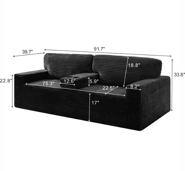 English Elm 91.7" Floor Sofa Plush Corduroy Low Profile Living Room Couch with Cup Holders Black W5515P520846