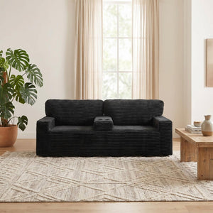 English Elm 91.7" Floor Sofa Plush Corduroy Low Profile Living Room Couch with Cup Holders Black W5515P520846