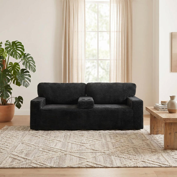 English Elm 91.7" Floor Sofa Plush Corduroy Low Profile Living Room Couch with Cup Holders Black W5515P520846