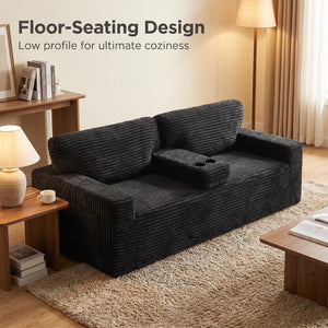 English Elm 91.7" Floor Sofa Plush Corduroy Low Profile Living Room Couch with Cup Holders Black W5515P520846