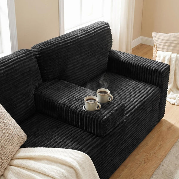 English Elm 91.7" Floor Sofa Plush Corduroy Low Profile Living Room Couch with Cup Holders Black W5515P520846