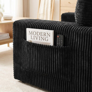 English Elm 91.7" Floor Sofa Plush Corduroy Low Profile Living Room Couch with Cup Holders Black W5515P520846