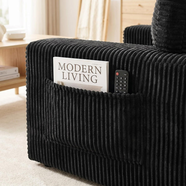 English Elm 91.7" Floor Sofa Plush Corduroy Low Profile Living Room Couch with Cup Holders Black W5515P520846