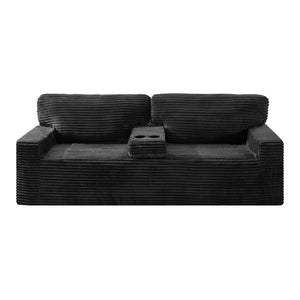 English Elm 91.7" Floor Sofa Plush Corduroy Low Profile Living Room Couch with Cup Holders Black W5515P520846
