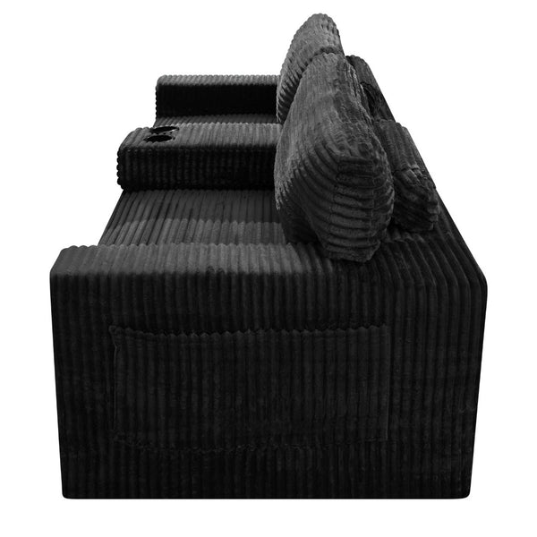 English Elm 91.7" Floor Sofa Plush Corduroy Low Profile Living Room Couch with Cup Holders Black W5515P520846