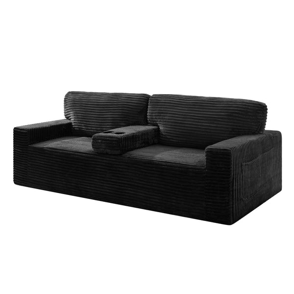 English Elm 91.7" Floor Sofa Plush Corduroy Low Profile Living Room Couch with Cup Holders Black W5515P520846