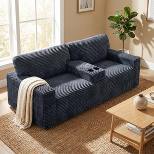 English Elm 91.7" Floor Sofa Plush Corduroy Low Profile Living Room Couch with Cup Holders Gray W5515P520848