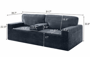 English Elm 91.7" Floor Sofa Plush Corduroy Low Profile Living Room Couch with Cup Holders Gray W5515P520848