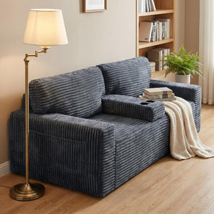 English Elm 91.7" Floor Sofa Plush Corduroy Low Profile Living Room Couch with Cup Holders Gray W5515P520848