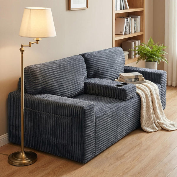 English Elm 91.7" Floor Sofa Plush Corduroy Low Profile Living Room Couch with Cup Holders Gray W5515P520848