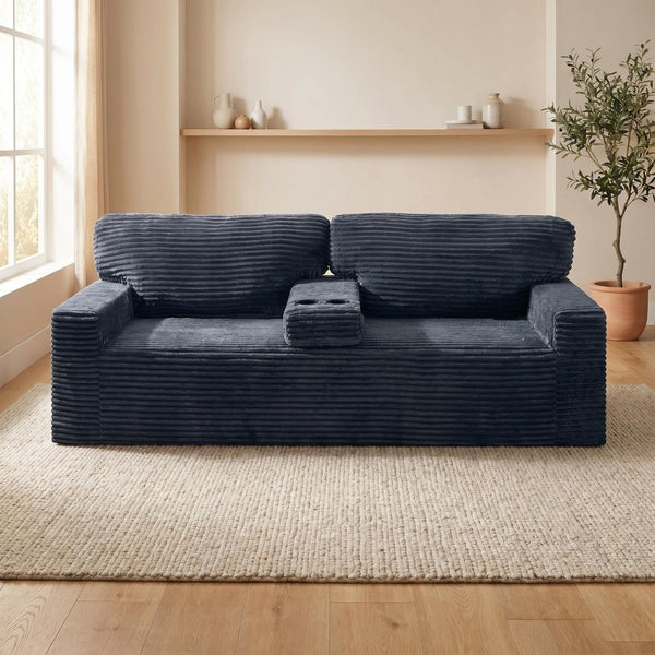 English Elm 91.7" Floor Sofa Plush Corduroy Low Profile Living Room Couch with Cup Holders Gray W5515P520848