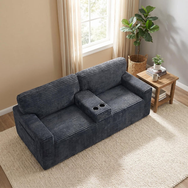 English Elm 91.7" Floor Sofa Plush Corduroy Low Profile Living Room Couch with Cup Holders Gray W5515P520848