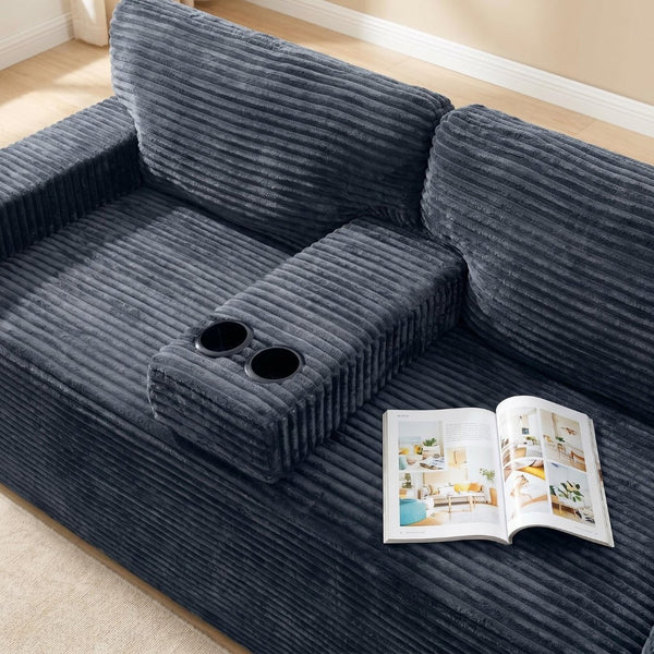 English Elm 91.7" Floor Sofa Plush Corduroy Low Profile Living Room Couch with Cup Holders Gray W5515P520848