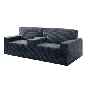 English Elm 91.7" Floor Sofa Plush Corduroy Low Profile Living Room Couch with Cup Holders Gray W5515P520848