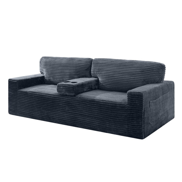 English Elm 91.7" Floor Sofa Plush Corduroy Low Profile Living Room Couch with Cup Holders Gray W5515P520848