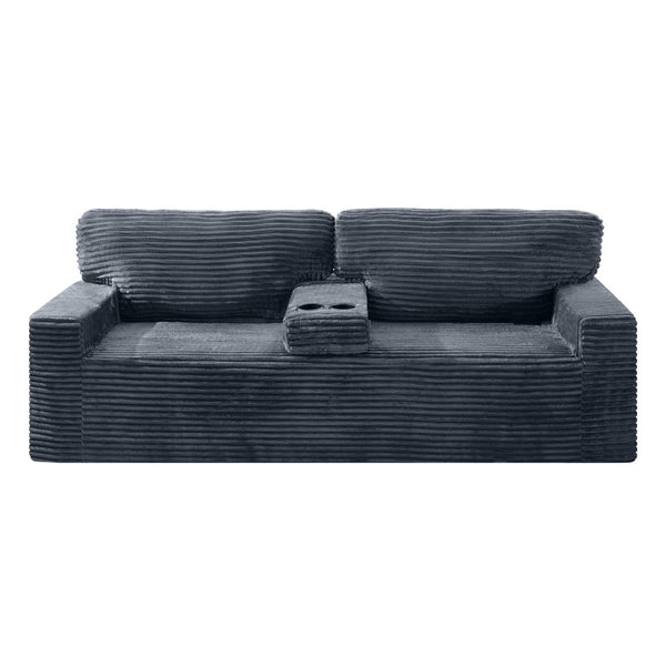 English Elm 91.7" Floor Sofa Plush Corduroy Low Profile Living Room Couch with Cup Holders Gray W5515P520848