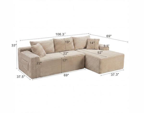 English Elm 106.3 Inch Corduroy L-Shaped Sectional with Reversible Chaise for Living Room Camel - B W5515S00044